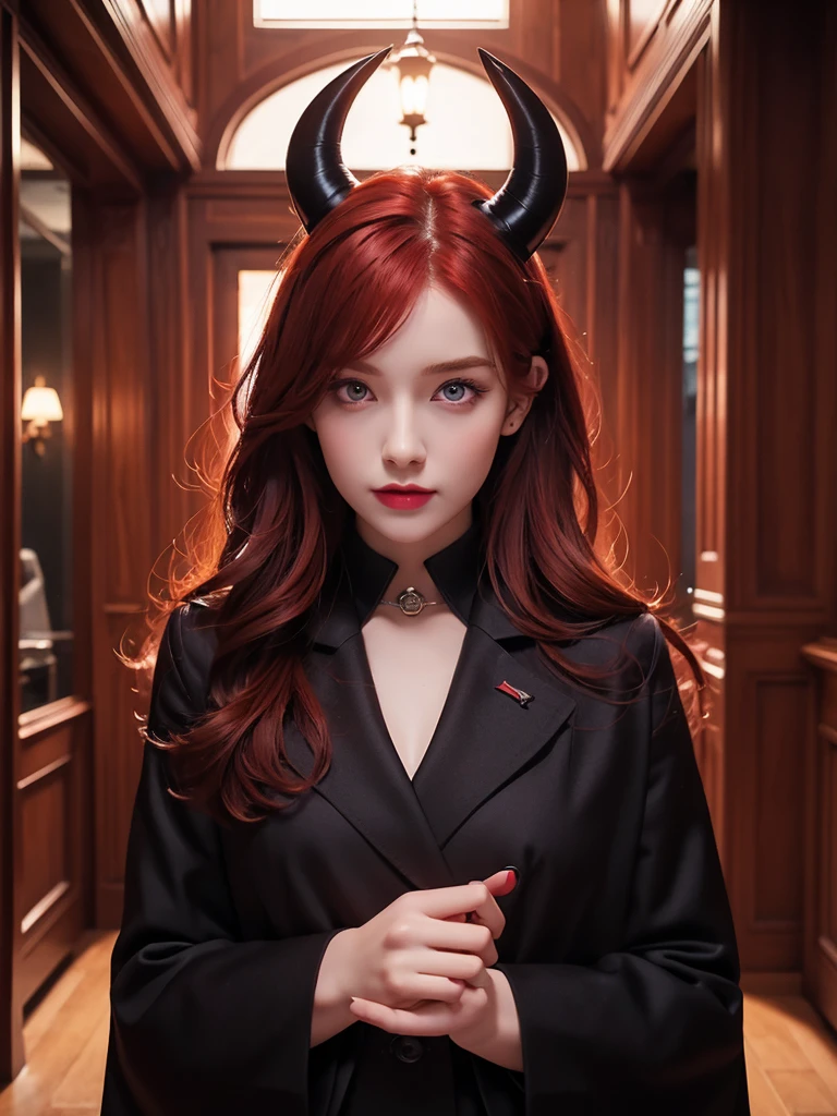 4K, 8k, masterpiece, Highest quality, Upper Body, One girl, View your viewers, Redhead, Medium Hair, Purple eyes, Devil horns, Black coat, indoor, It&#39;s dim, The actress is 2., Open Bust