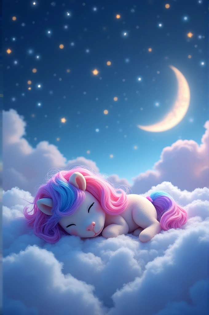"A cute pony with colorful hair sleeping on clouds, with a night sky and bright stars in the background, in a super realistic 4K image."