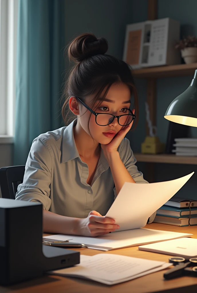 Woman, curtain, glasses hair tied up printer scissors and paper