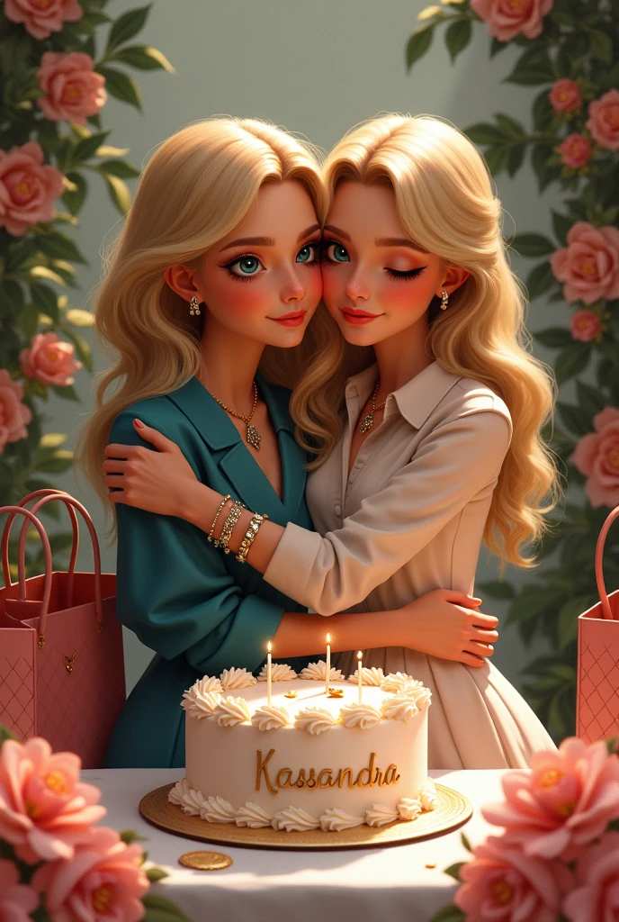 Blonde blue eyed girl resembling Blair Waldorf from gossip girl dressed as Blair Waldorf hugging an adult woman Kelly Rutherford style as a mother and daughter with lots of floral arrangements and designer bags on the sides along with a cake in the middle that says Kassandra