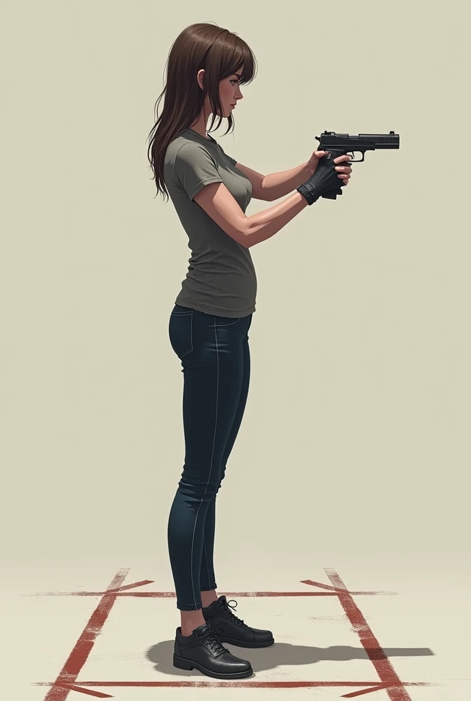 1. Posture 1.1 Foot Position Description: A female shooter in a shooting position, Profile. Feet are shoulder-width apart, at a slight angle to the target. The floor can be indicated with a line or a simple pattern to show the solid base..
detaileds: Show a stable and aligned base, with a guideline to indicate shoulder width. 

holding a pistol 