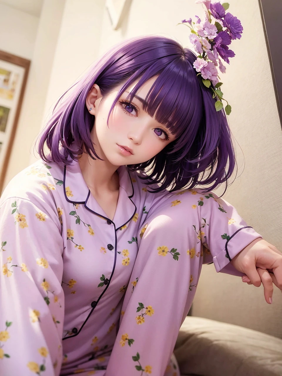 Woman with short wolf cut and purple hair Beautiful woman Floral pajamas 2.5D