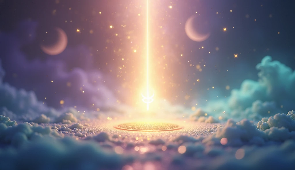 Create a spiritual background with a soft purple gradient, blue and gold, representing enlightenment. Add a discreet spiritual symbol in the center and subtle images of prophecy, like half-moons or constellations. Apply a light texture of glitter and stars for an ethereal effect, with a soft beam of light in the center. Include touches of emerald green and turquoise blue for subtle contrasts., ensuring an attractive and balanced image.







