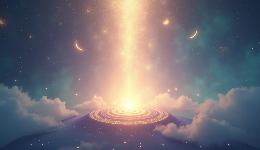 Create a spiritual background with a soft purple gradient, blue and gold, representing enlightenment. Add a discreet spiritual symbol in the center and subtle images of prophecy, like half-moons or constellations. Apply a light texture of glitter and stars for an ethereal effect, with a soft beam of light in the center. Include touches of emerald green and turquoise blue for subtle contrasts., ensuring an attractive and balanced image.