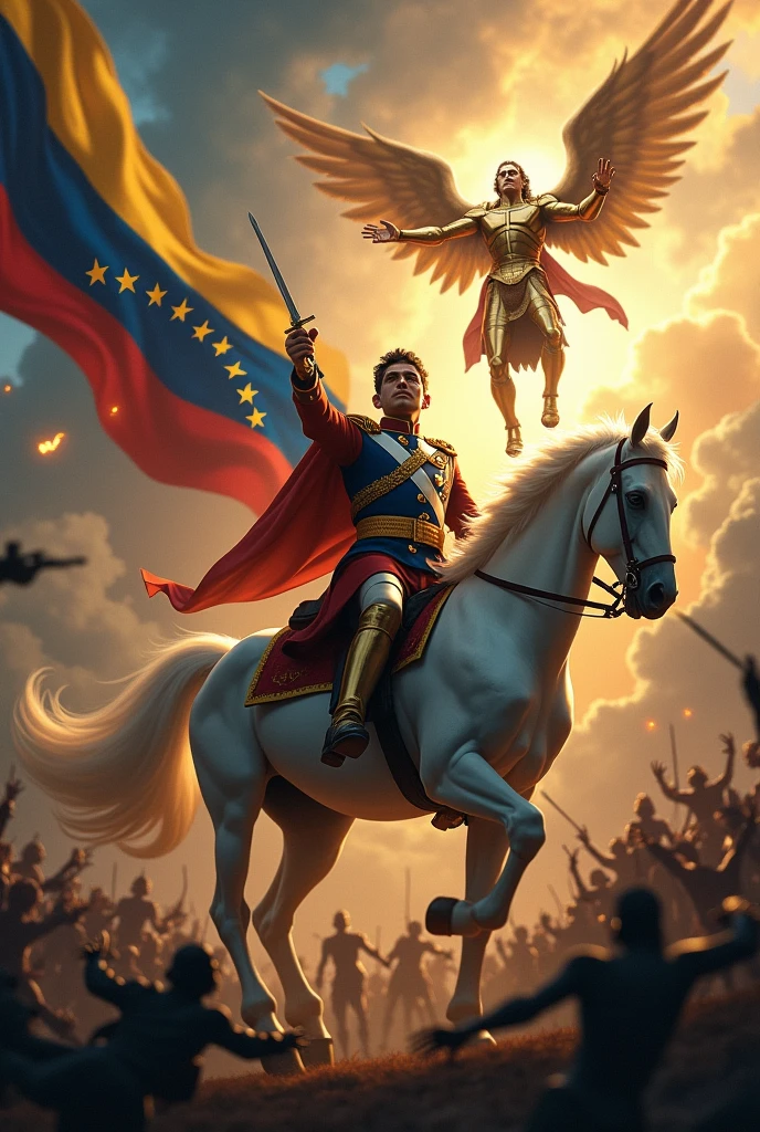 Bolívar on his white horse and his sword with his Venezuelan military uniform of the time and Saint Michael the Archangel in a gladiator uniform descending from heaven in a battle against demons and in the sky the flag of Venezuela in the background