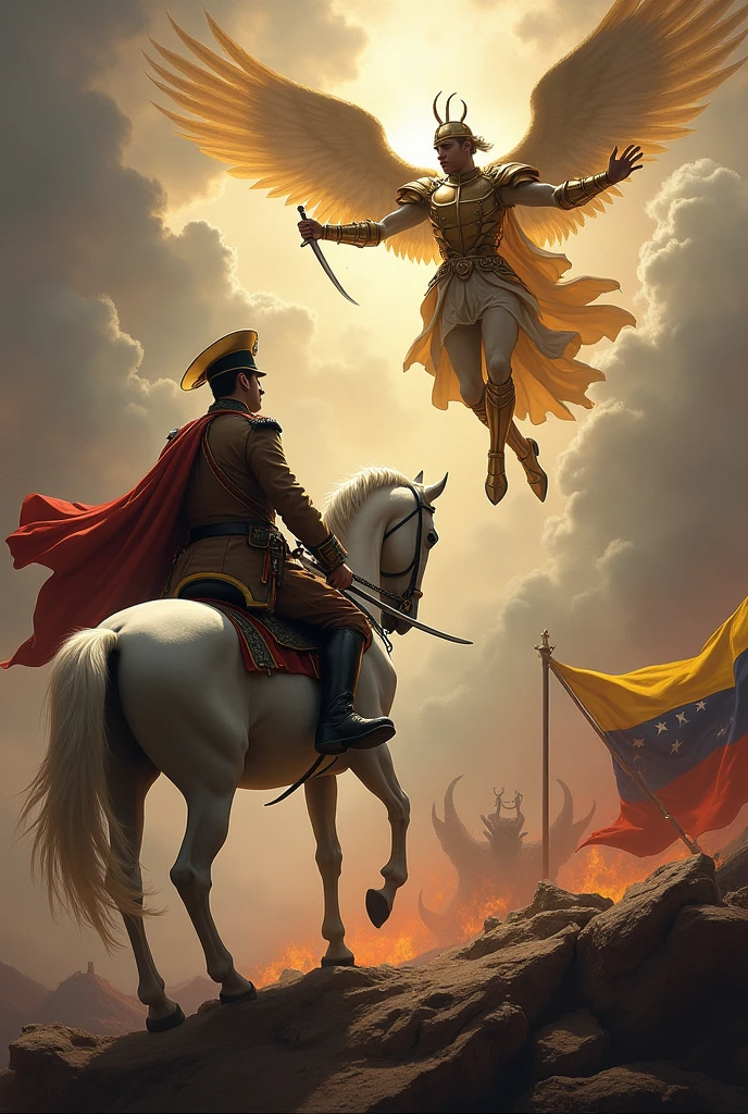 Bolívar on his white horse and his sword with his Venezuelan military uniform of the time and Saint Michael the Archangel in a gladiator uniform descending from heaven in a battle against demons and in the sky the flag of Venezuela in the background