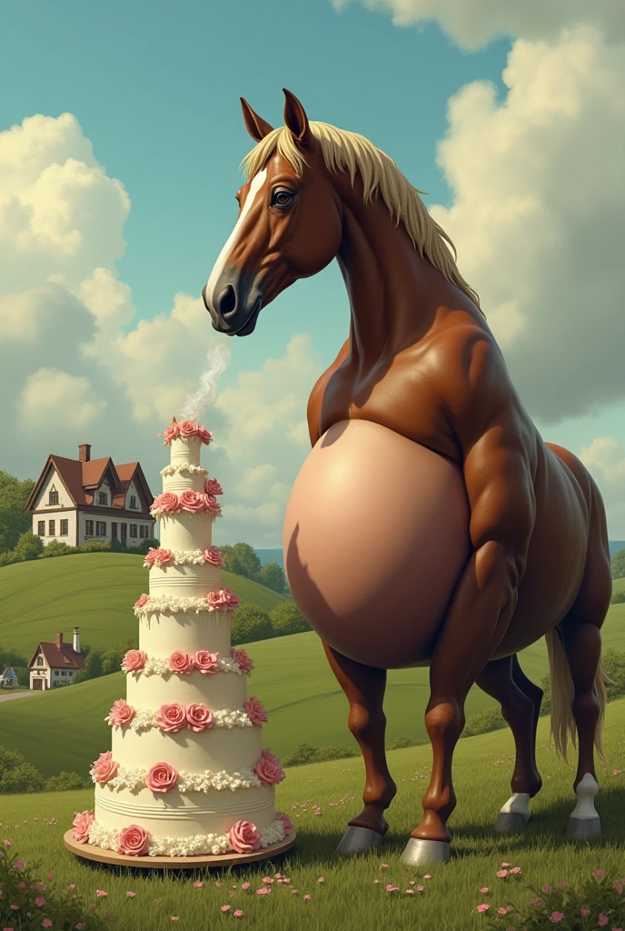  A fat brown mare pregnant with 20 foals stands next to a wedding cake on the side of a field she starts eating the cake and her belly is the size of the house next door with 4 legs and a fat meaty ass and a pregnant belly hanging down her body while burps come out of her mouth and gas comes out of her ass 