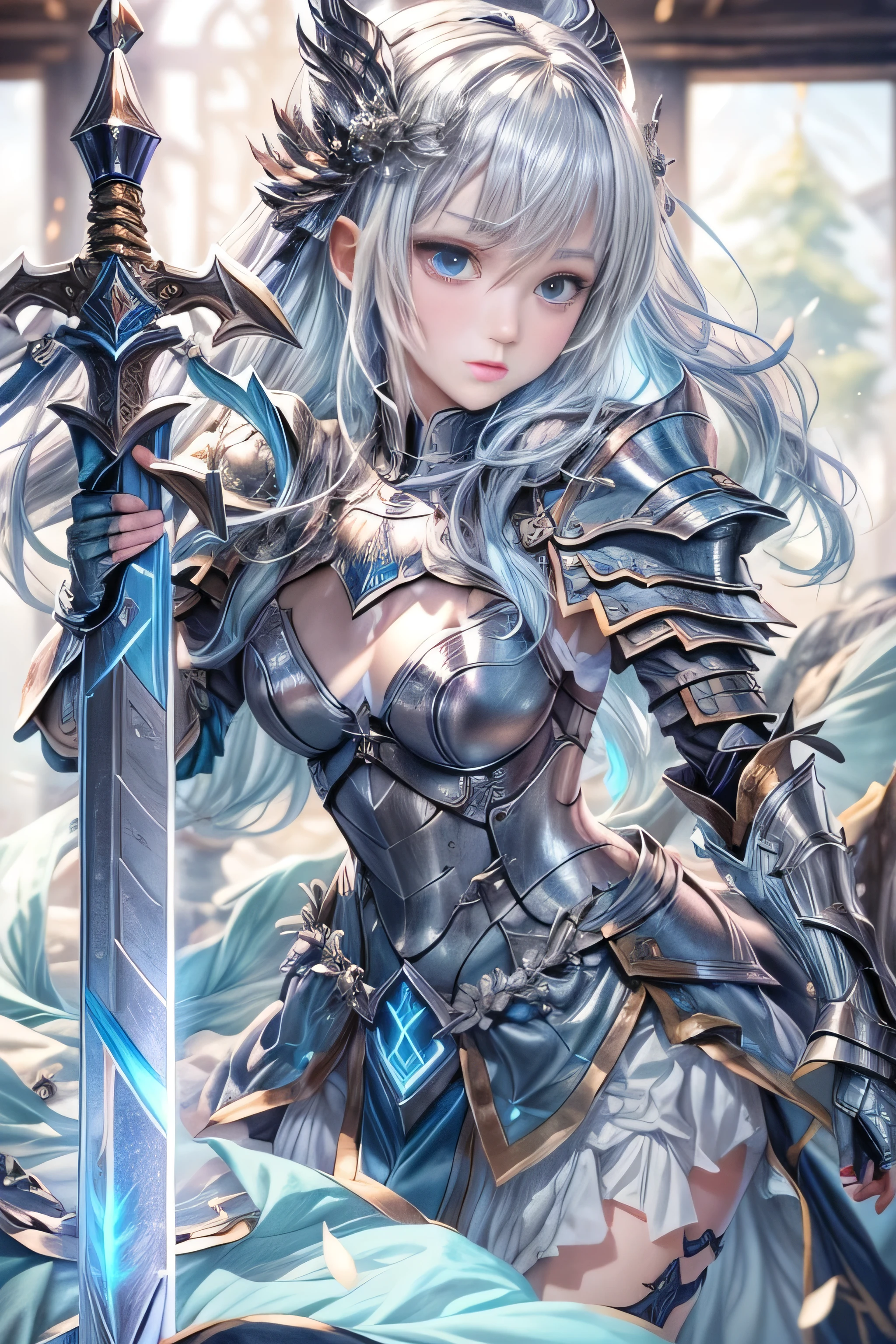 A female knight recognized by the legendary holy sword Excalibur、With the protection of the spirit of light, it emits an aura of light.、8k.Half Russian and half Japanese、Russian face、beautiful girl、A princess with the title of Dragon Slayer、、Small face、Young face、Big eyes、Skinny、Small breasts、(((Silver Hair、Silver Hair)))、With bangs、(((High resolution big beautiful light blue glowing eyes, )))、Shortcuts、Bobcut、(((Red ribbon in hair、Floral decoration)))、Partially braided、Transforms into an armored knight at the call of the holy sword Excalibur.、Large sword、A holy sword that emits a pale blue light、((god々He holds up his sword, shining a deep blue, to the sky.))、god々A sword that shines brilliantly、Magic Sword Light Shield、Armor of Light、fantasy landscape、Fantasy、(Battle with the Dark Knight、Fighting the Demons、Fighting the beastmen)A dragon knight riding a flying dragon through the sky、The sword swings down, leaving a trail of light in its wake.
