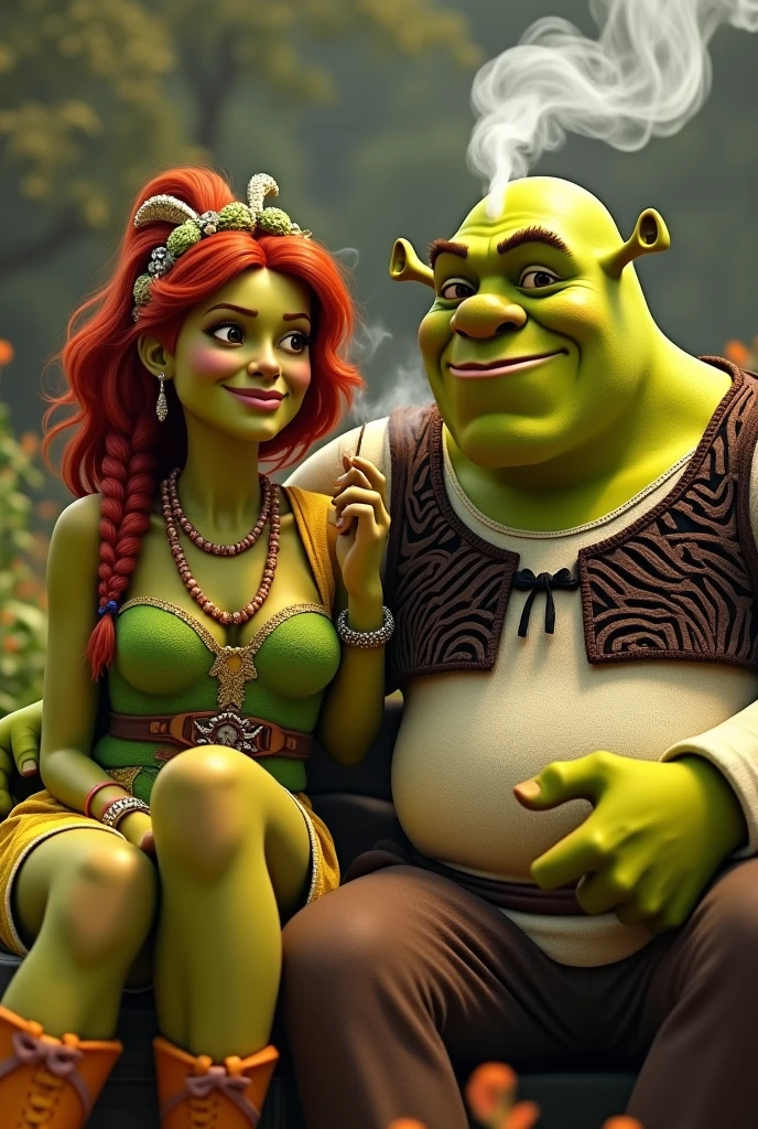 Make Fiona and Sherk smoking in the red reggae outfit, green and yellow , super stoners 
