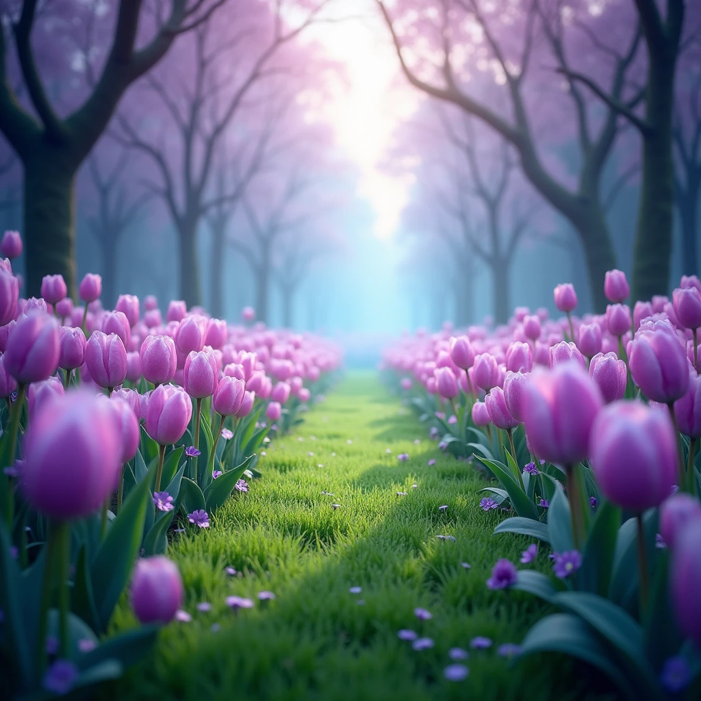 grass space on the ground surrounded by purple tulips in a magical field