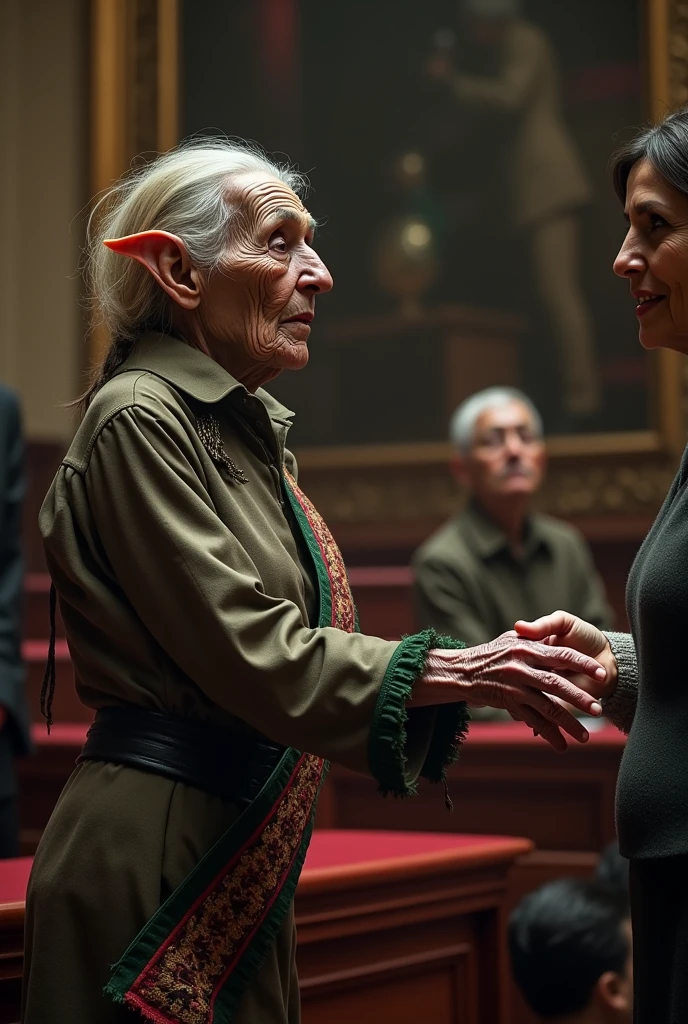 Generate an image of an ugly, decrepit old woman deputy with the face of an elf who gives the presidential sash of Mexico, to the female president of Mexico, in the chamber of deputies, at the inauguration.
