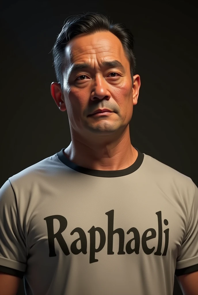 create an adult male mediated body, skin tanned, short black hair with receding hairline , round nose, with a podemon shirt written raphael