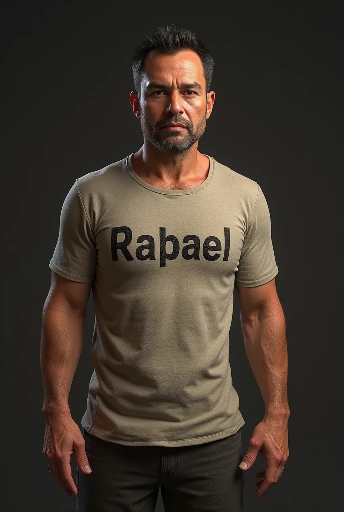 create an adult male mediated body, skin tanned, short black hair with receding hairline , round nose, with a podemon shirt written raphael