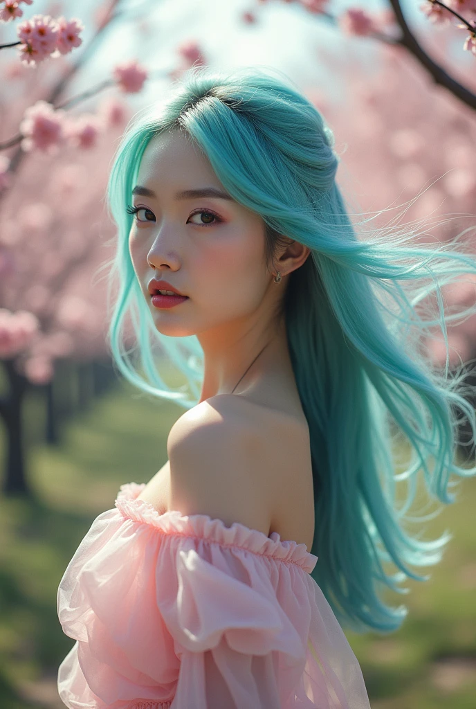 cinematic photo asian women Naked, beautifully fit body, aqua hair blowing in the wind, perfect eyes, looking away from the viewer, cherry blossom trees blooming all around. 35mm photograph, film, bokeh, professional, 4k, highly detailed