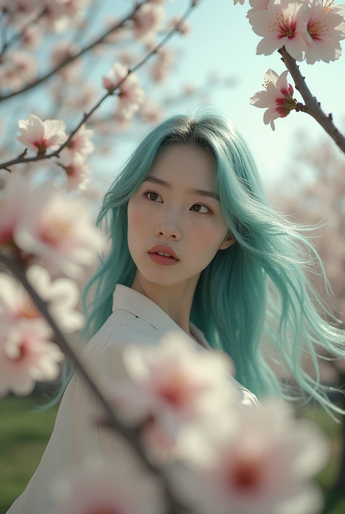 cinematic photo Naked asian women, beautifully fit body, aqua hair blowing in the wind, perfect eyes, looking away from the viewer, cherry blossom trees blooming all around. 35mm photograph, film, bokeh, professional, 4k, highly detailed