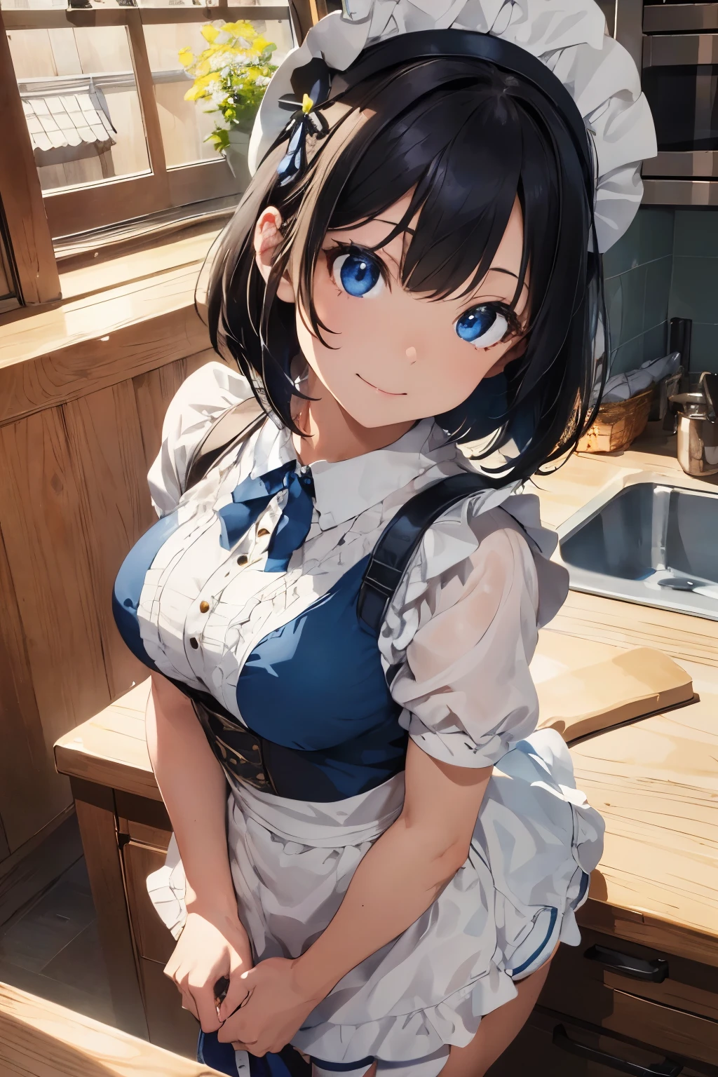 ((Top Quality)), ((Excellent)), (Detailed), ((Japanese)), Ultra-Realistic, Stunning Environment, Vivid Colors, , Black Hair, (Young Face), ((Bob Hair)), Shiny Hair,  Medium Breasts, ((White Maid Outfit)), ((French Maid)),((White Brim)), ((From Above)), ((Blue Eyes)), Half-Smiling, Upper Body, Shiny Hair, Blunt Bangs, ((Medium Breasts)), ((Leaning Forward)), ((Blue Eyes)), Masterpiece, Ultra-Realistic, ((Close-Up)), Interior, Kitchen, Natural Light, Vivid Colors,