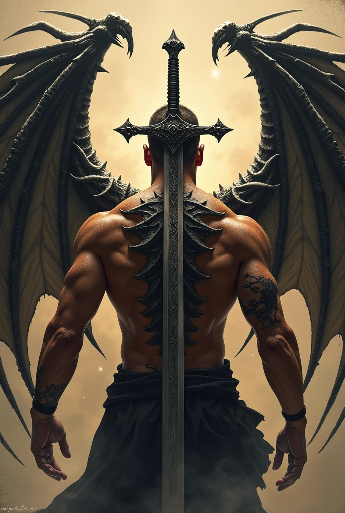 Create a dragon wings tattoo, WITHOUT THE dragon, just the wings, DRAGON WINGS. I want some epic and masculine dragon wings on Strong tanned back of a man. IT HAS TO COVER THE WHOLE UPPER BACK. I WANT THE DRAGON WINGS TO BE SCARY SKELETAL WINGS WITH A SWORD IN THE MIDDLE OF THE WINGS