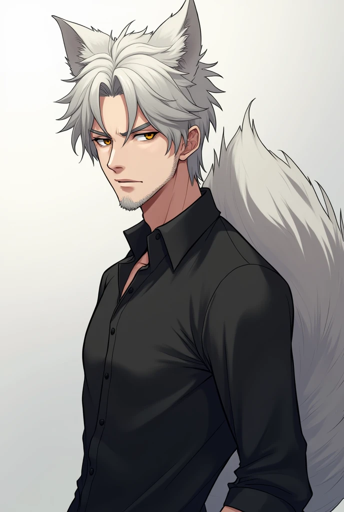 (best quality) half body, Anime character with white hair and black shirt standing, white fur, Wolf Tail, demihuman, demiwolf, kemonomimi, Anime extremely handsome man, Anime portrait of a handsome man, very mature, light stubble, brown eyes, short silver hair, bara, expressionless