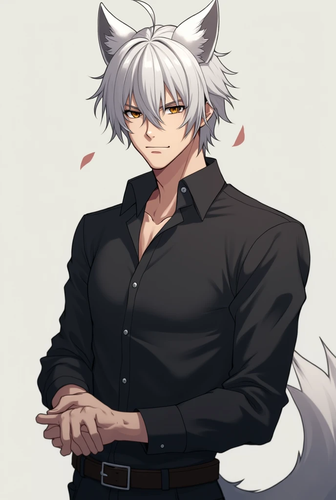 (best quality) half body, Anime character with white hair and black shirt standing, white fur, Wolf Tail, demihuman, demiwolf, kemonomimi, Anime extremely handsome man, Anime portrait of a handsome man, very mature, light stubble, brown eyes, short silver hair, bara, expressionless