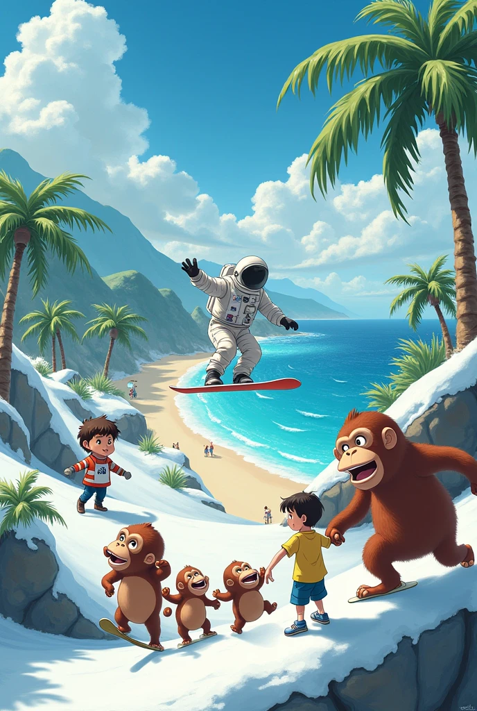 Draw a Studio Ghibli style scene that includes:
Four apes wearing snowboarding gear, such as technical jackets and trousers, snowboarding on a snowy mountain. Make sure the apes have fun and energetic expressions.
An astronaut performing snowboard tricks on the same mountain, with a spacesuit that stands out for its detail and contrast with the snow.
A young doctor, with sunglasses and dressed in casual clothes, dancing happily on a raised platform. The doctor should have a friendly and enthusiastic appearance.
A young boy in a printed shirt (For example, with flowers or colorful patterns) lying in a hammock on your back, on a beach with palm trees. Make sure the beach has white sand and crystal clear waters.
It uses vibrant colors and the signature Studio Ghibli art style., with attention to detail and a magical and welcoming atmosphere