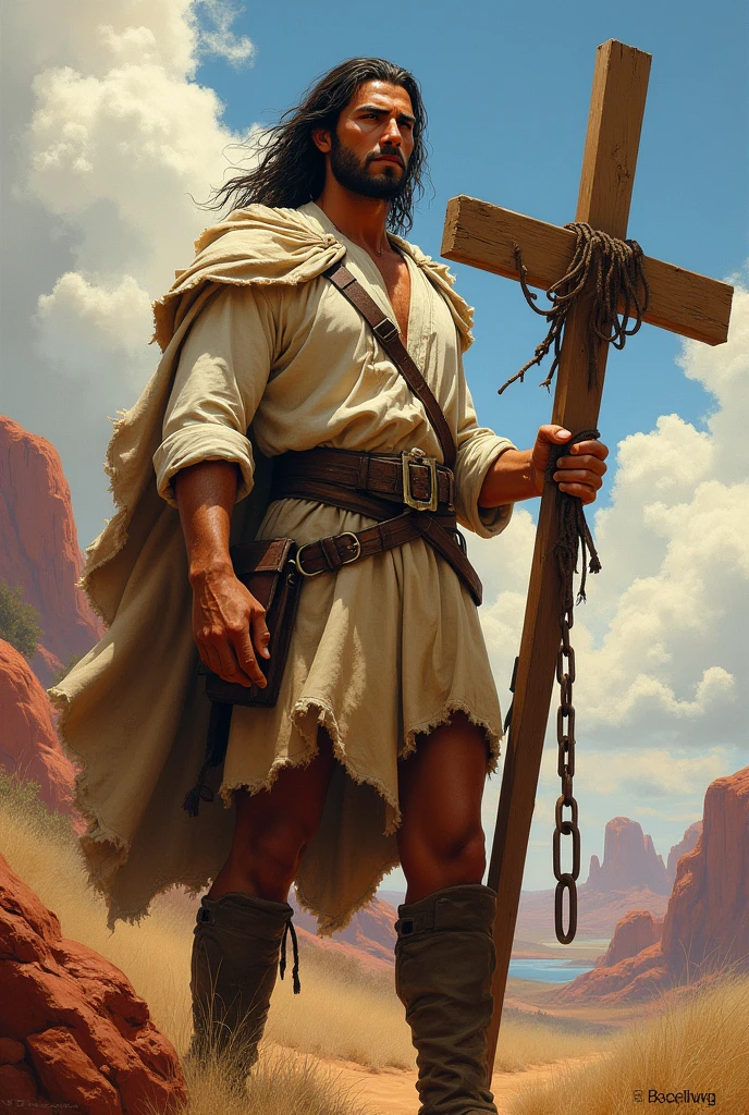 (A strong man, boy: brave, strong)(oil painting, a high resolution:1.2,Sharp Focus)(detailed face:1.2,detailed eyes:1.1)(Intense expression:1.1,confident)(long black hair to the shoulders, Unshaven)(take a dynamic pose) (dust cloak, White shirt), (prairie background:1.1, red rocks, Rolling clouds)(soft lighting, warm colors)(bright colors, Vibrant Palette), (large wooden cross, standing next to him), (a cross as tall as a man, portable, chain)