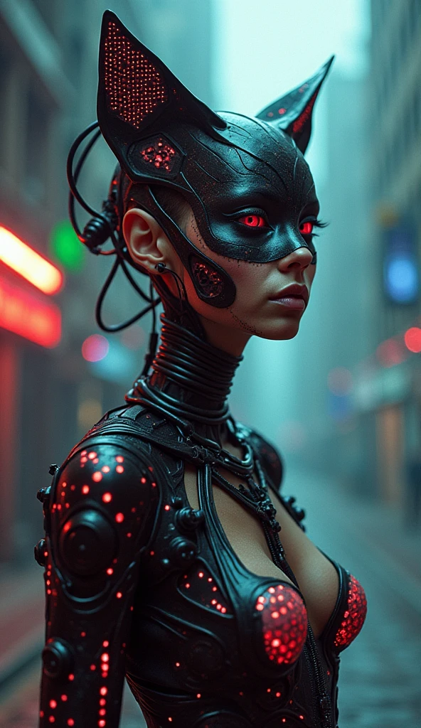organic alien Catwoman exoskeleton, hypercore, terrorwave, lucid, in the style of nick knight and chris cunningham,  biomechanical cybernetics, psychedelic acid deconstruction dissolving, 35mm photography, leica, dmt, chemigram No arguments