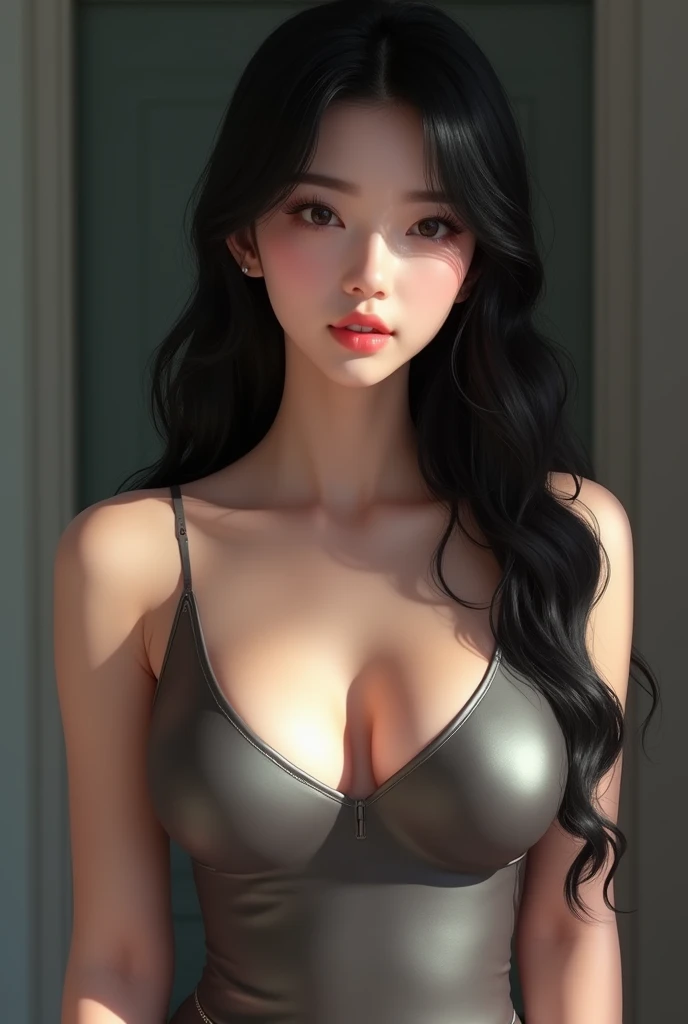 Sexy and beautiful Korean e-girl with perfectly shaped cleavage in a tank top, masterpiece, 8k, best quality, big breasts 