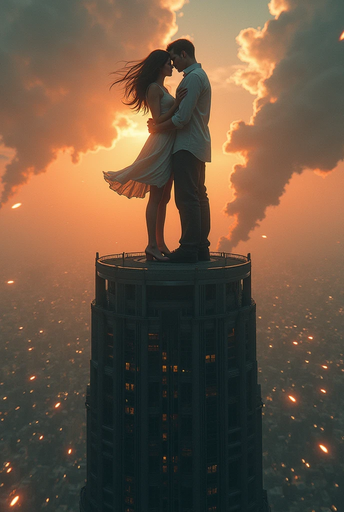 Couple en haut d'une tour de 1 kilomètre de haut avec le monde autour d'eux qui s'écroule et des météorites qui se dirigent sur eux. Le couple se prend dans les bras et s'embrassent pour la derniere fois