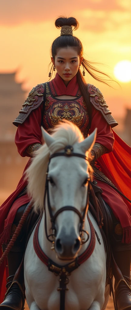 ride on white horse, horse harness,  hold bridle,  run horse , dynamic scene, full-body   Ancient Chinese Girl, 2nd century, Beautiful young Chinese general,  The girl is 25。(Highly detailed face, Black Hair, Mid-length hair ,Brown eyes, Variegated eyes, Ordinary eyes,  Tapered eyebrows,  Fuller lips, Small lips, Silas), (Earrings), (Middle chest, Middle Hip), (ancient Chinese costume, Red Leather Armor Embossed Dragon Armor ,  Leather inner,  Wear a red cape on your shoulders ), battle field, sunset ,(masterpiece, Highest quality, masterpiece, God-like quality, Sacred art, , Very realistic)
