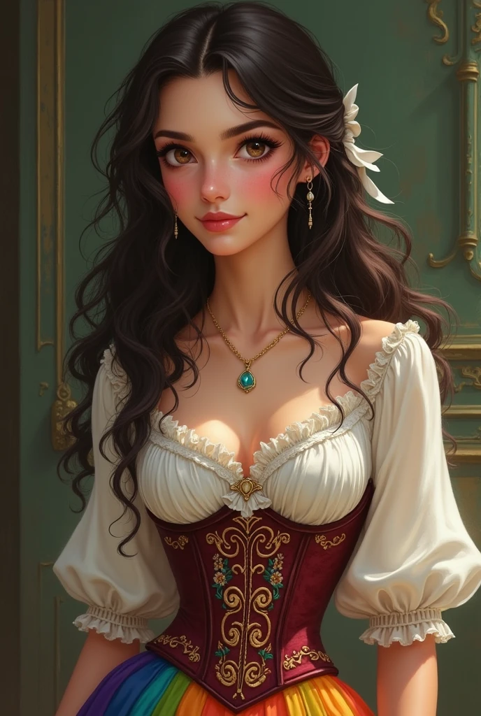 A bard with dark brown long hair and brown eyes. She looks like Lucy Gray. she smiles. She is wearing a white blouse, over it a corset embroidered with flowers and a colorful rainbow skirt.