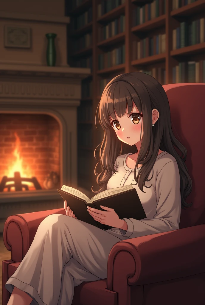 anime girl with brown hair sitting in a cozy brown study looking down at her  book
