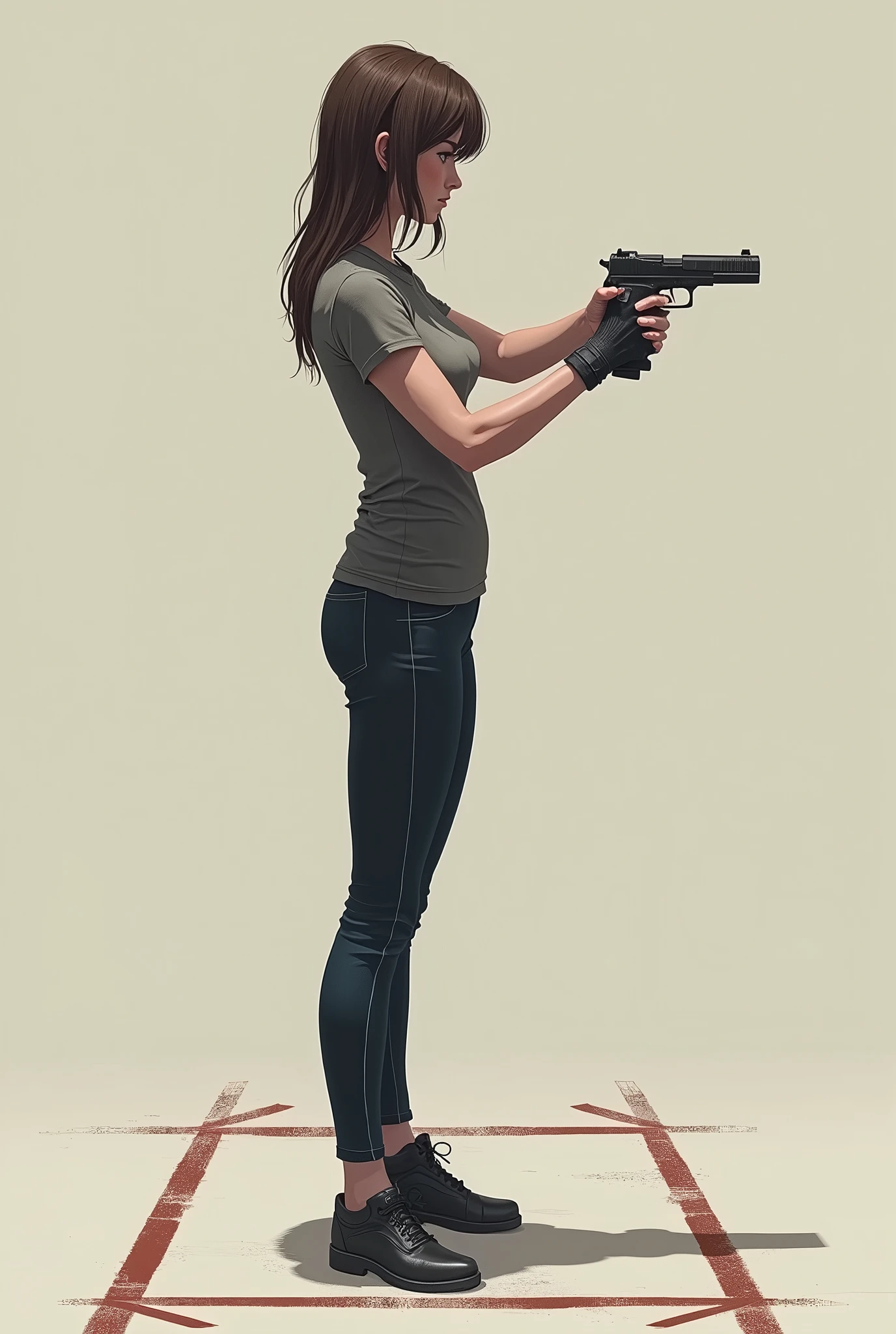 1. Posture 1.1 Foot Position Description: A female shooter in a shooting position, Profile. Feet are shoulder-width apart, at a slight angle to the target. The floor can be indicated with a line or a simple pattern to show the solid base..
detaileds: Show a stable and aligned base, with a guideline to indicate shoulder width.
holding a pistol