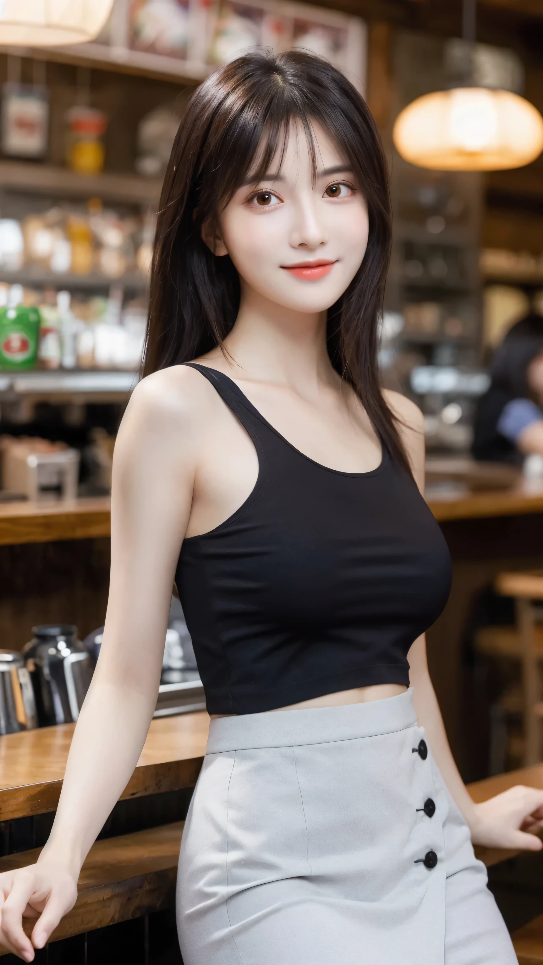 (8k, RAW Photo, Best Quality, Masterpiece:1.2), table top, Ultra Detail, Super Resolution, (Realistic, Realistic Photo:1.37), Portrait, High Detail RAW Color Photo, Professional Photo, Extremely Detailed and Beautiful, Extremely detailed, 8k wallpaper, amazing and detailed, huge file size, official art, highly detailed CG unity 8k wallpaper, highly detailed beautiful girl, highly detailed face, highly detailed eyes, highly detailed skin, highly detailed fingers, highly detailed nose, very detailed detailed mouth , perfect anatomy, highly detailed background, highly detailed clothes, 1girl, ,cute girl, realistic body, fair skin, glowing skin , slim body, handsome body, black hair , Semilong hair, (blunt bangs:1.2), smile, cute, youthful, cute face, realistic face, delicate eyes, drooping eyes, looking at viewer, standing posture, Contraposto, dynamic lighting, (medium breasts), (Perfect Body Proportions), (slender Body Proportions), (tank top), (mini skirt), (Inside the pub),