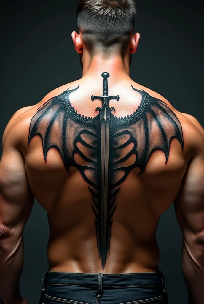 Create a dragon wings tattoo, WITHOUT THE dragon, just the wings, DRAGON WINGS. I want some epic and masculine dragon wings on Strong tanned back of a man. IT HAS TO COVER THE WHOLE UPPER BACK. I WANT THE DRAGON WINGS TO BE SCARY SKELETAL WINGS WITH A SWORD IN THE MIDDLE OF THE WINGS. Its a tattoo in the back of the man
