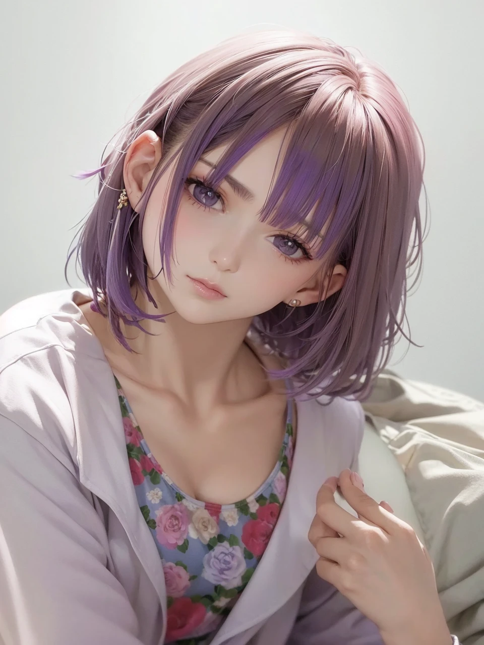 Woman with short wolf cut and purple hair Beautiful woman Floral pajamas 2.5D 
