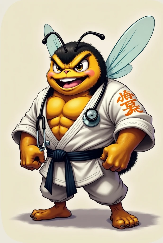 Muscular bee in judo kimono with laughing all over his body and a stethoscope around his neck with an angry face