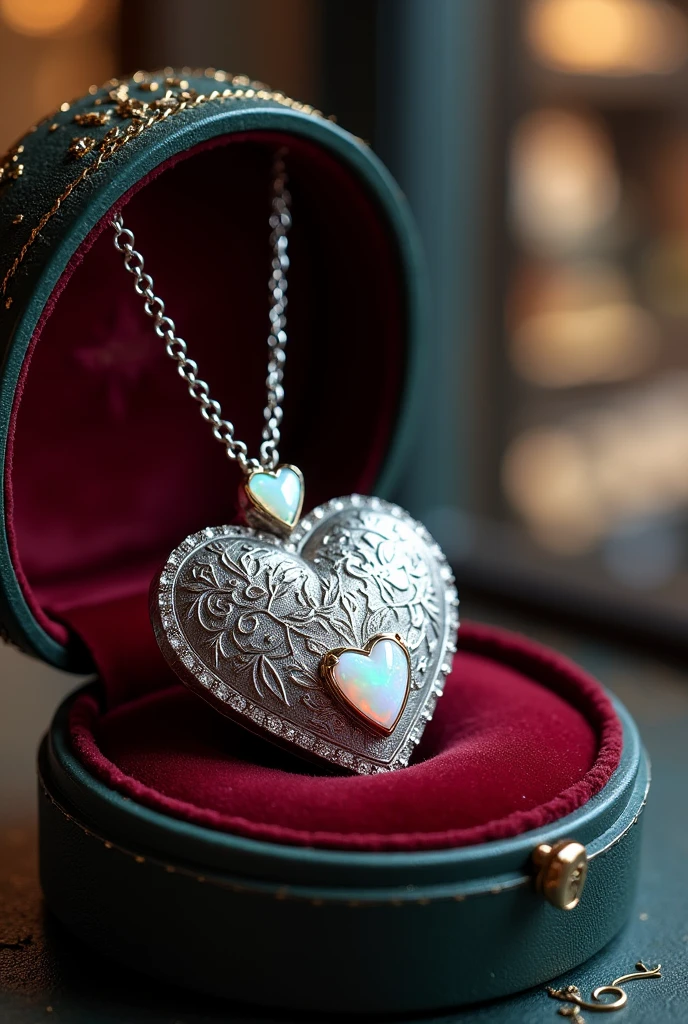 A velvet-covered box, revealing a stunning silver locket. The locket was shaped like two interconnected hearts, with intricate engravings of flowers and leaves on its surface. In the center of each heart was a small, shimmering opal, surrounded by tiny diamonds. with the jewelry store as its background 