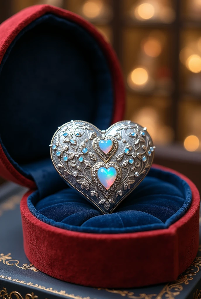 A velvet-covered box, revealing a stunning silver locket. The locket was shaped like two interconnected hearts, with intricate engravings of flowers and leaves on its surface. In the center of each heart was a small, shimmering opal, surrounded by tiny diamonds. with the jewelry store as its background