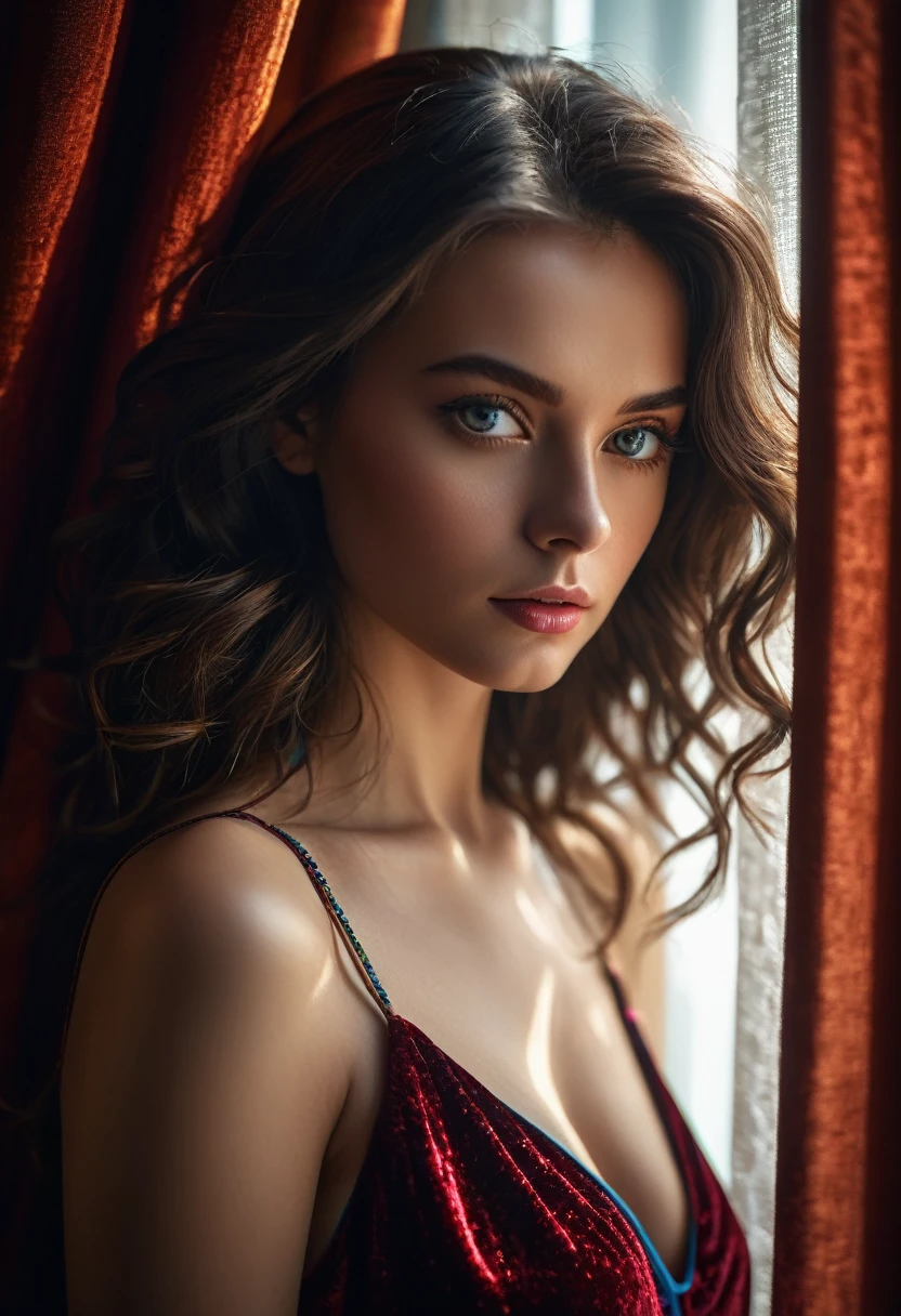 RAW photo, beautiful eyes, masterpiece, peeking out from behind the curtains, colorful details, award-winning, high detail, 8 K, daylight, analog film, detailed skin, stunning composition, complex parts, subsurface scattering, velvet hair, amazing textures, cinematic, chiaroscuro, soft light