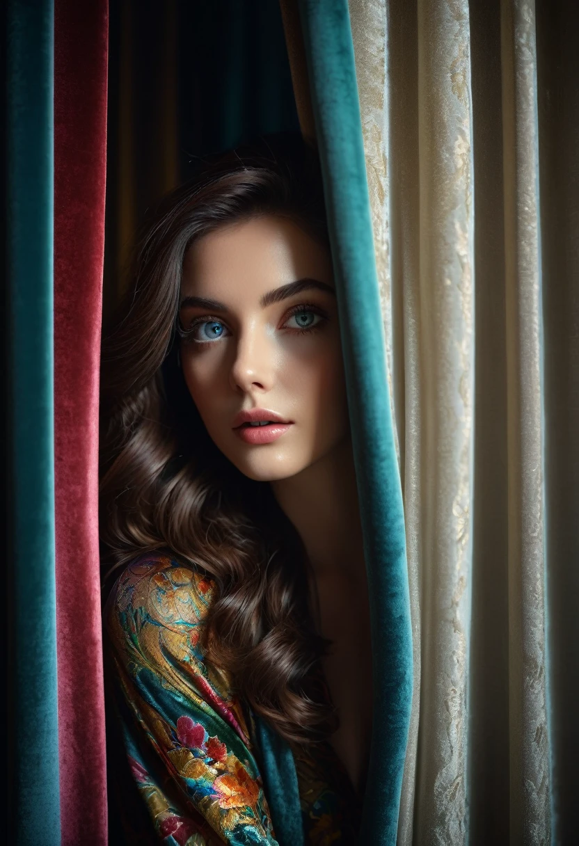 RAW photo, beautiful eyes, masterpiece, peeking out from behind the curtains, colorful details, award-winning, high detail, 8 K, daylight, analog film, detailed skin, stunning composition, complex parts, subsurface scattering, velvet hair, amazing textures, cinematic, chiaroscuro, soft light