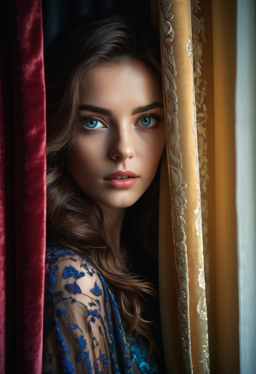 RAW photo, beautiful eyes, masterpiece, peeking out from behind the curtains, colorful details, award-winning, high detail, 8 K, daylight, analog film, detailed skin, stunning composition, complex parts, subsurface scattering, velvet hair, amazing textures, cinematic, chiaroscuro, soft light