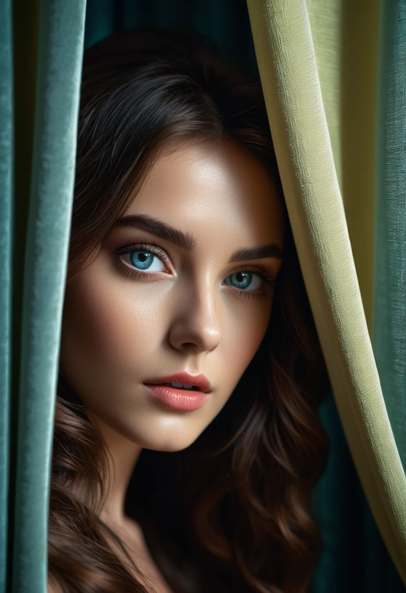 RAW photo, beautiful eyes, masterpiece, peeking out from behind the curtains, colorful details, award-winning, high detail, 8 K, daylight, analog film, detailed skin, stunning composition, complex parts, subsurface scattering, velvet hair, amazing textures, cinematic, chiaroscuro, soft light
