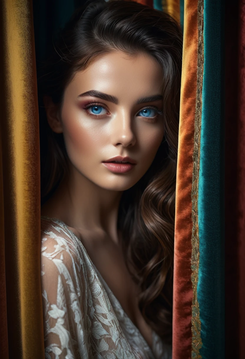 RAW photo, beautiful eyes, masterpiece, peeking out from behind the curtains, colorful details, award-winning, high detail, 8 K, daylight, analog film, detailed skin, stunning composition, complex parts, subsurface scattering, velvet hair, amazing textures, cinematic, chiaroscuro, soft light