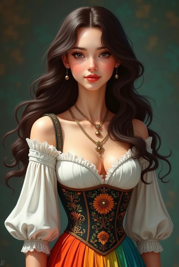 A bard with dark brown long hair and brown eyes. She looks like Lucy Gray. she smiles. She is wearing a white blouse, over it a corset embroidered with flowers and a colorful rainbow skirt.