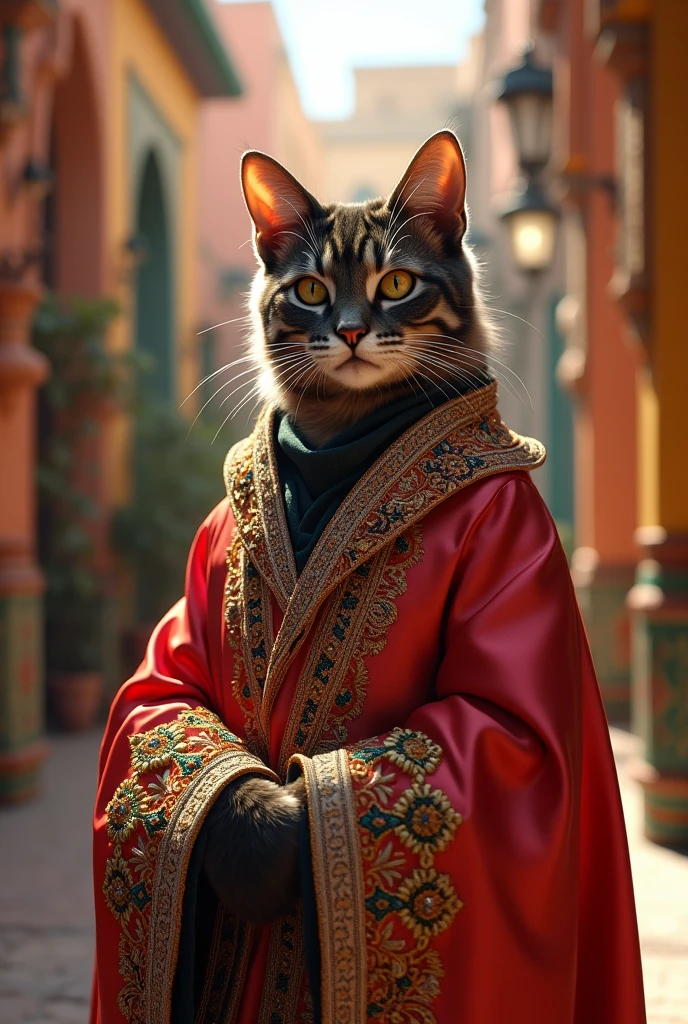 A cat dressed as a traditional Moroccan woman, real like real life