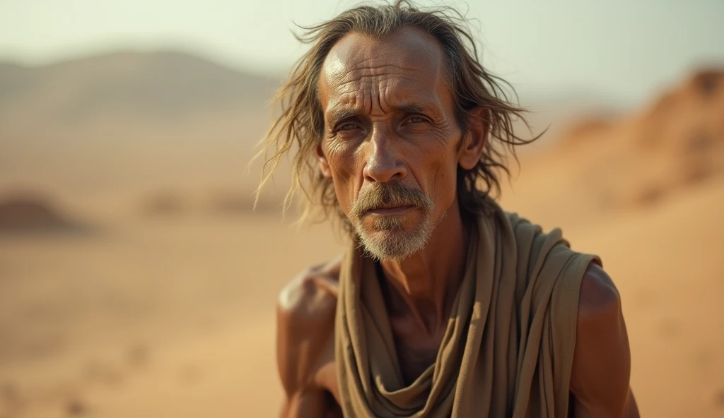 a very thin Hebrew face, malnourished, with a thin appearance, he doesn't eat much because he was fasting, biblical story, in the desert, 4k, photographic and realistic image
blurred image background