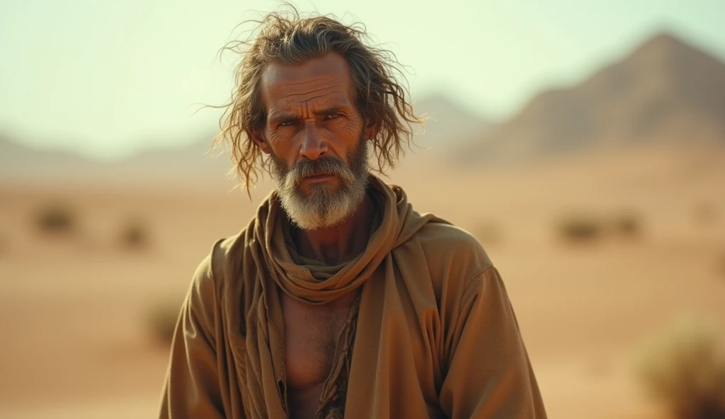 a very thin Hebrew face, malnourished, with a thin appearance, he doesn't eat much because he was fasting, biblical story, in the desert, 4k, photographic and realistic image
blurred image background
