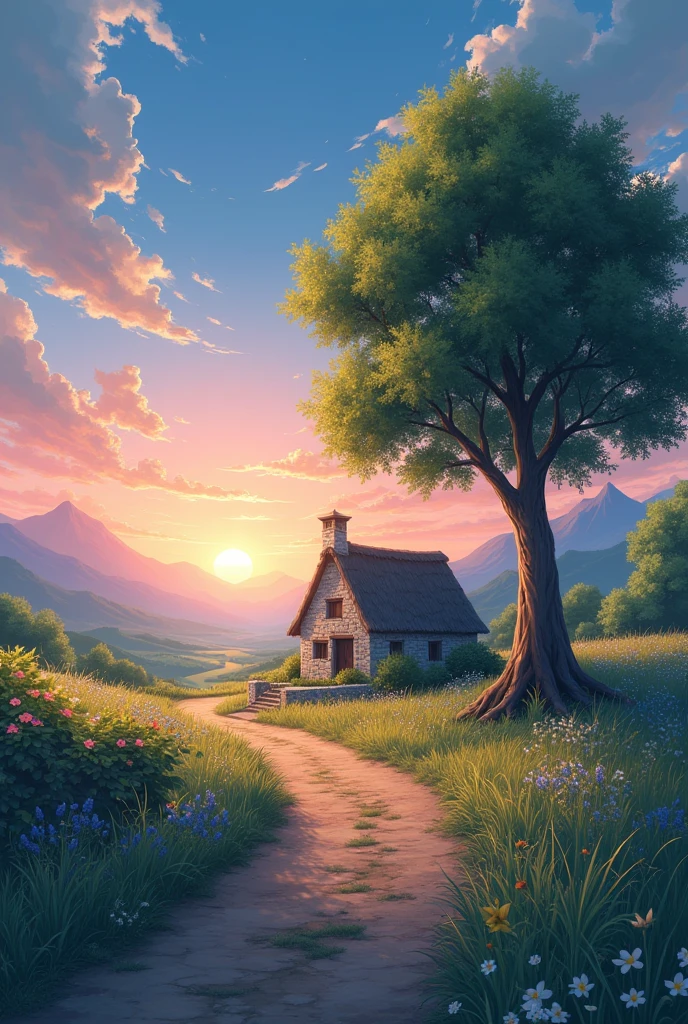 Illustrate a serene rural dusk scene with a tall, ancient tree positioned on the right side of the composition, its leaves glowing softly in the fading light. The sky should be a mixture of pink and deep blue as the sun sets behind distant mountains. In the mid-ground, feature a stone cottage with a thatched roof, surrounded by a low stone wall and small garden. The foreground should show a winding dirt path leading towards the cottage, bordered by wildflowers and patches of tall grass. Capture the golden glow of the last rays of sunlight casting shadows over the scene, evoking a quiet and peaceful mood, anime style
