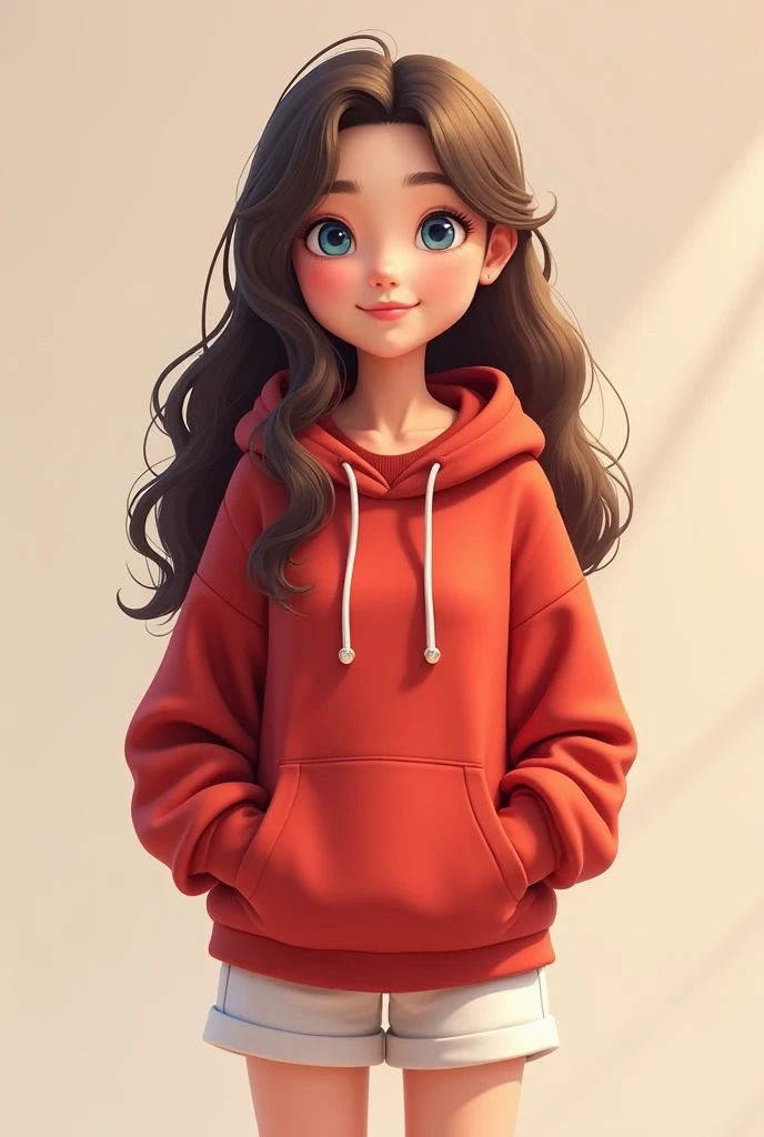 Very cute 1 teenage girl, blue eyes, long wavy brown hair, with a smile, facing forward, with white shorts and a red hoodie, full body