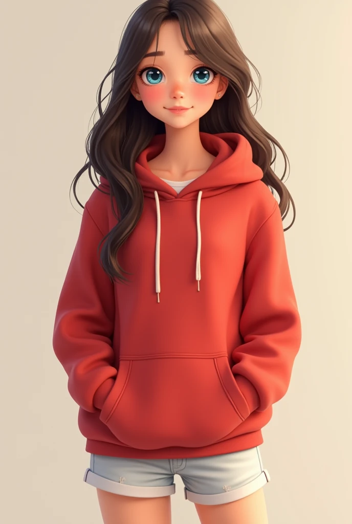 Very cute 1  girl, blue eyes, long wavy brown hair, with a smile, facing forward, with white shorts and a red hoodie, full body